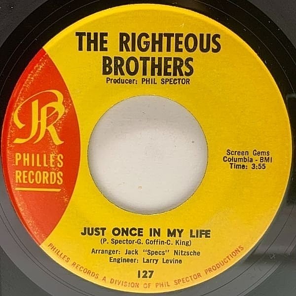 レコードメイン画像：USオリジナル 7インチ RIGHTEOUS BROTHERS Just Once In My Life ('65 Philles) Phil Spector ウォール・オブ・サウンド 45RPM.