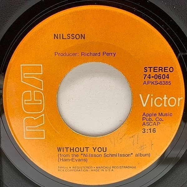 レコードメイン画像：USオリジナル 7インチ NILSSON Without You / Gotta Get Up ('71 RCA Victor) ニルソン Badfingerをカヴァーした大名曲 45RPM.