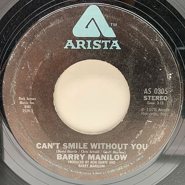 レコードメイン画像：USオリジナル 7インチ BARRY MANILOW Can't Smile Without You / Sunrise ('78 Arista) CARPENTERS バリー・マニロウ 涙色の微笑 45RPM.
