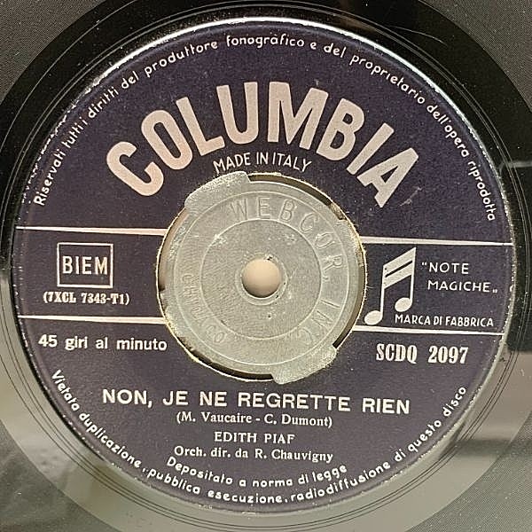 レコードメイン画像：伊オリジナル 7インチ EDITH PIAF Non, Je Ne Regrette Rien / Mon Dieu ! ('61 Columbia) エディット・ピアフ 水に流して 45RPM.