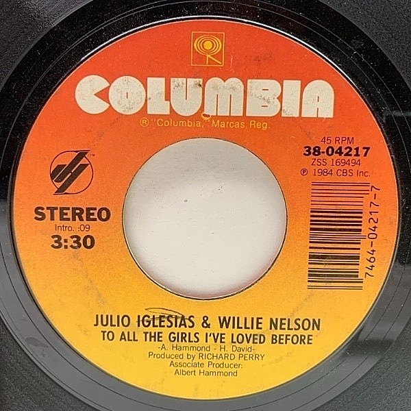 レコードメイン画像：USオリジナル 7インチ JULIO IGLESIAS and WILLIE NELSON To All The Girls I've Loved Before ('84 Columbia) かつて愛した女性へ 45RPM.
