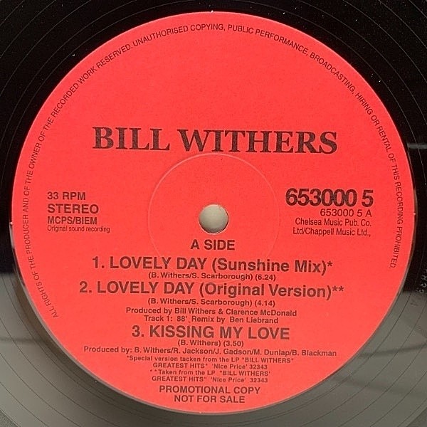 レコードメイン画像：UKプロモ BILL WITHERS Lovely Day (Sunshine Mix) BEN LIEBRAND RMX & オリジナルVer. 収録 w/ Ain't No Sunshine, Just The Two Of Us
