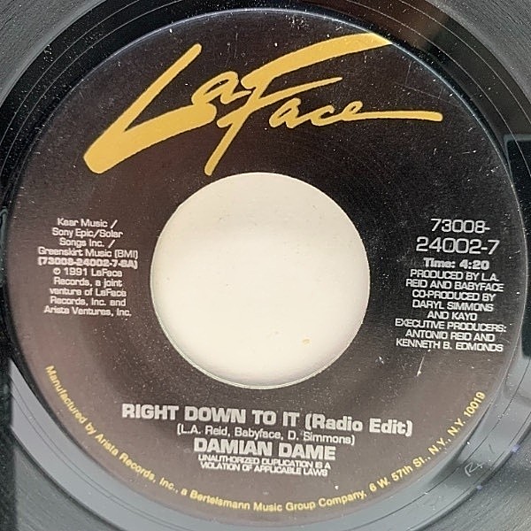 レコードメイン画像：USオリジナル 7インチ DAMIAN DAME Right Down To It ('91 LaFace) New Jack Swing ダミアン・デイム 45RPM.