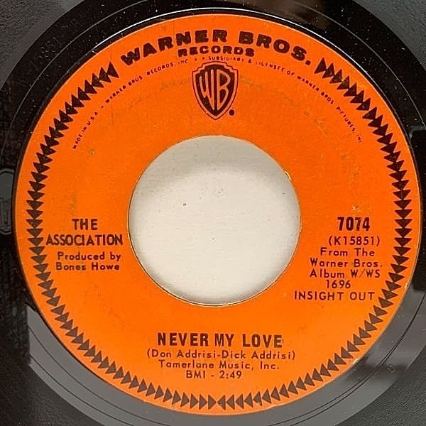 レコードメイン画像：【とろけるような極上ソフトロック】USオリジナル 7インチ ASSOCIATION Never My Love ('67 Warner) アソシエーション 45RPM.