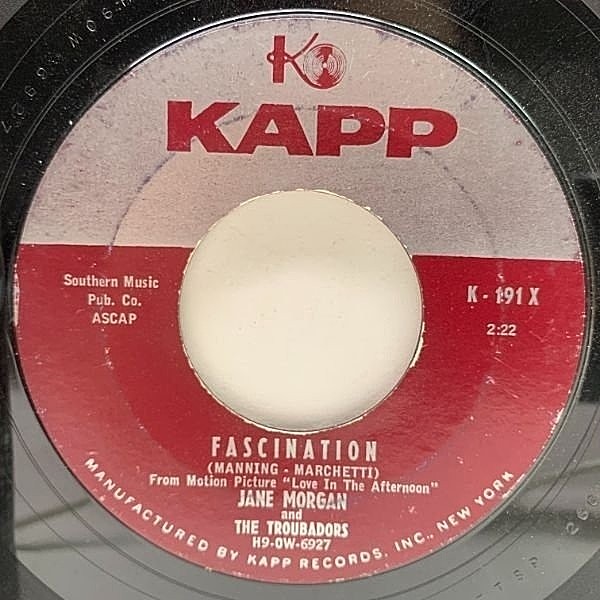 レコードメイン画像：USオリジナル 7インチ JANE MORGAN Fascination ('57 Kapp) ジェーン・モーガン 絶頂期の録音 45RPM.