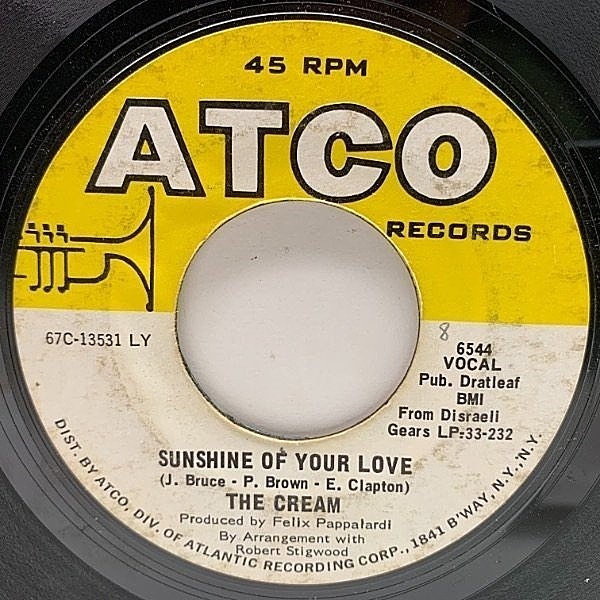 レコードメイン画像：USプレス 7インチ CREAM Sunshine Of Your Love ('68 ATCO) Eric Clapton, Jack Bruce 共作 クリーム 45RPM.