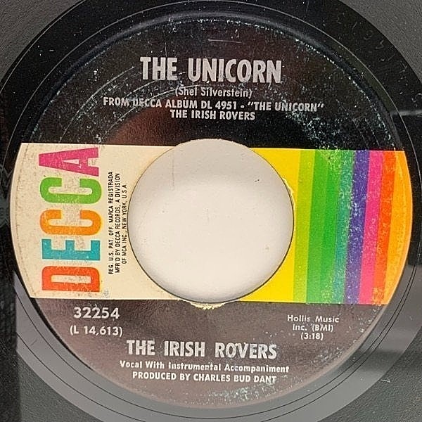 レコードメイン画像：USオリジナル 7インチ IRISH ROVERS The Unicorn / Black Velvet Band ('68 Decca) アイリッシュ・ローバーズ 45RPM.