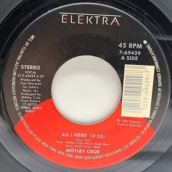 レコードメイン画像：USオリジナル 7インチ MOTLEY CRUE You're All I Need ('87 Elektra) モトリー・クルー 45RPM.