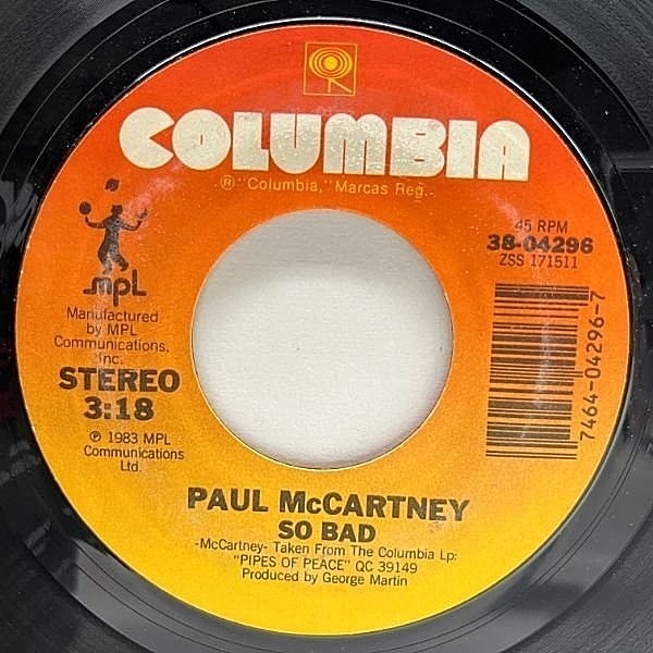 レコードメイン画像：美盤!! USオリジナル 7インチ PAUL McCARTNEY So Bad ('83 Columbia) 米国限定シングル ポール・マッカートニー 45RPM.