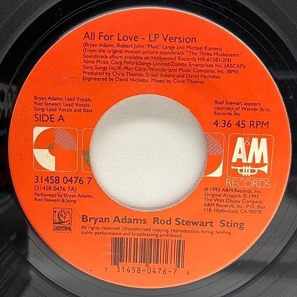 レコードメイン画像：USオリジナル 7インチ BRYAN ADAMS / ROD STEWART / STING All For Love ('93 A&M) 三銃士 テーマ曲 45RPM.