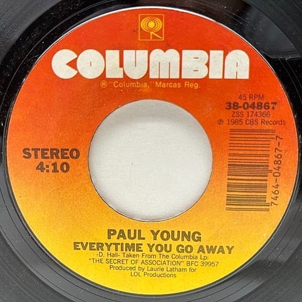レコードメイン画像：USオリジナル 7インチ PAUL YOUNG Everytime You Go Away ('85 Columbia) ポール・ヤング 45RPM.