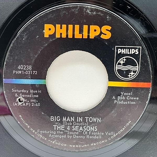 レコードメイン画像：【壮大なウォール・オブ・サウンド!!】USオリジナル 7インチ FOUR SEASONS Big Man In Town ('64 Philips) フランキー・ヴァリ 45RPM.