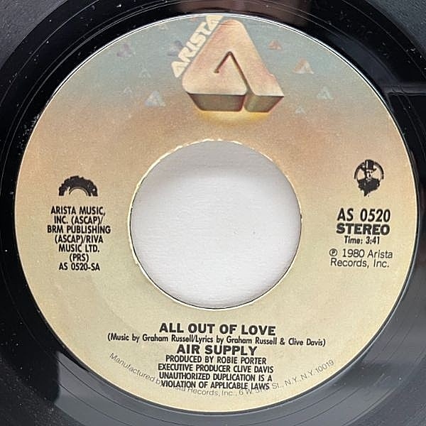 レコードメイン画像：良好盤!! USオリジナル 7インチ AIR SUPPLY All Out Of Love ('80 Arista) エア・サプライ 45RPM.