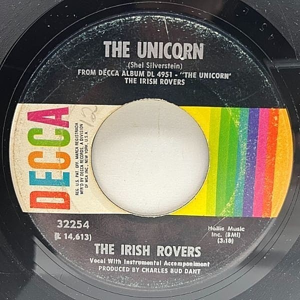レコードメイン画像：USオリジナル 7インチ IRISH ROVERS The Unicorn / Black Velvet Band ('68 Decca) カナディアン・ロック 45RPM.