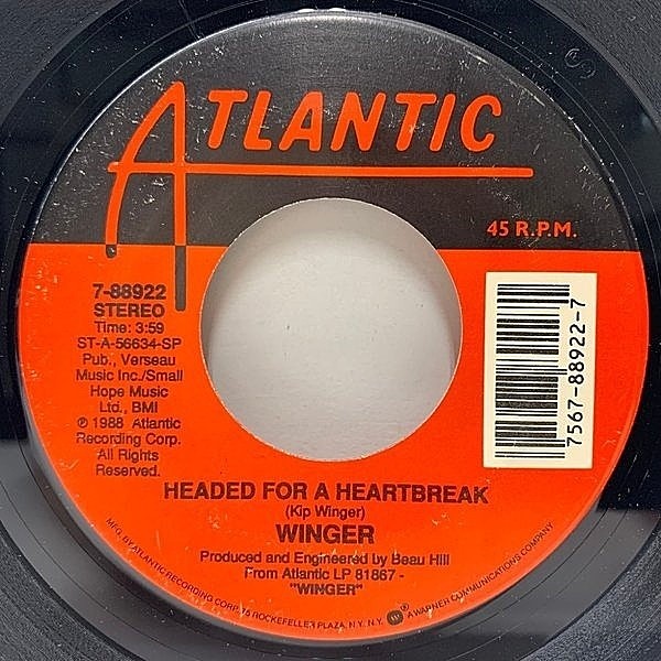 レコードメイン画像：良好盤!! USオリジナル 7インチ WINGER Headed For A Heartbreak ('88 Atlantic) ウィンガー 名曲 バラード 45RPM.