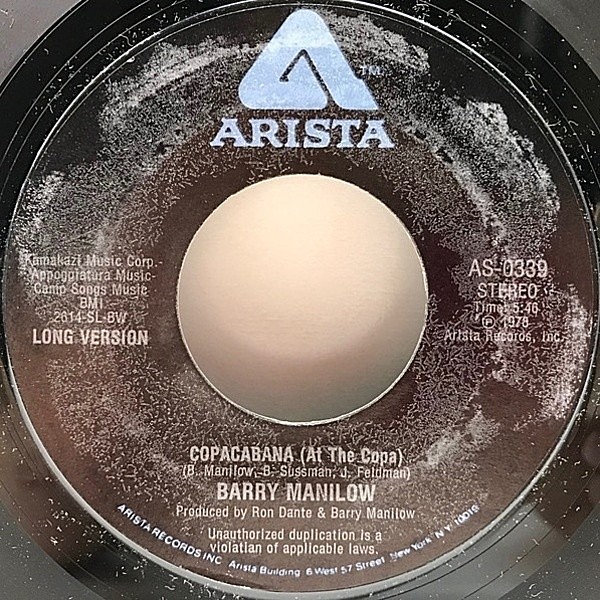 レコードメイン画像：美盤!! 7インチ USオリジナル BARRY MANILOW Copacabana ('78 Arista) アルバム『Even Now』からのシングルカット バリー・マニロウ 45RPM.