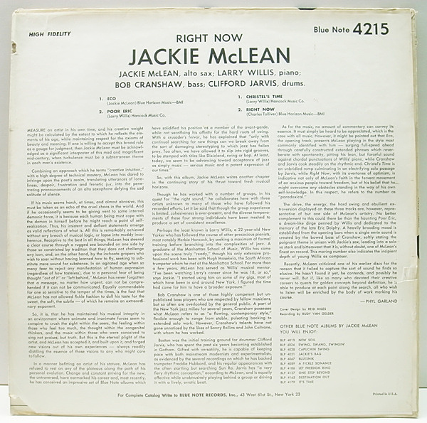JACKIE McLEAN / Right Now (LP) / Blue Note | WAXPEND RECORDS JACKIE McLEAN / Right Now (LP) / Blue Note | WAXPEND RECORDS
