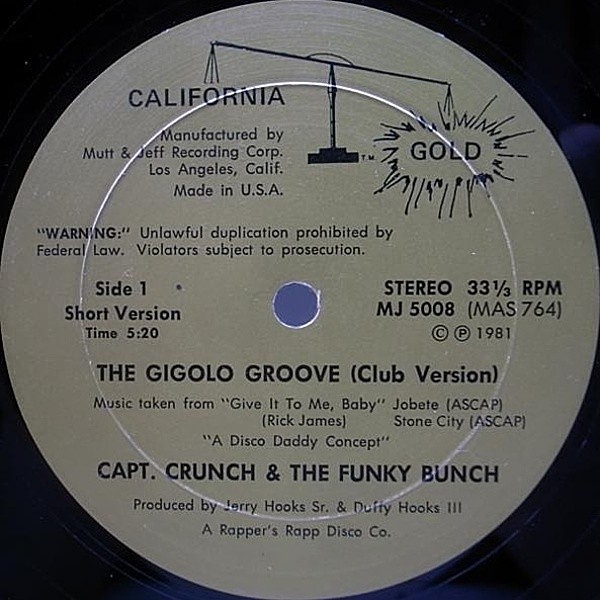 レコードメイン画像：西海岸産オールド・スクール・クラシック 12 Orig. CAPT. CRUNCH & THE FUNKY BUNCH The Gigolo Groove ('81 California Gold)