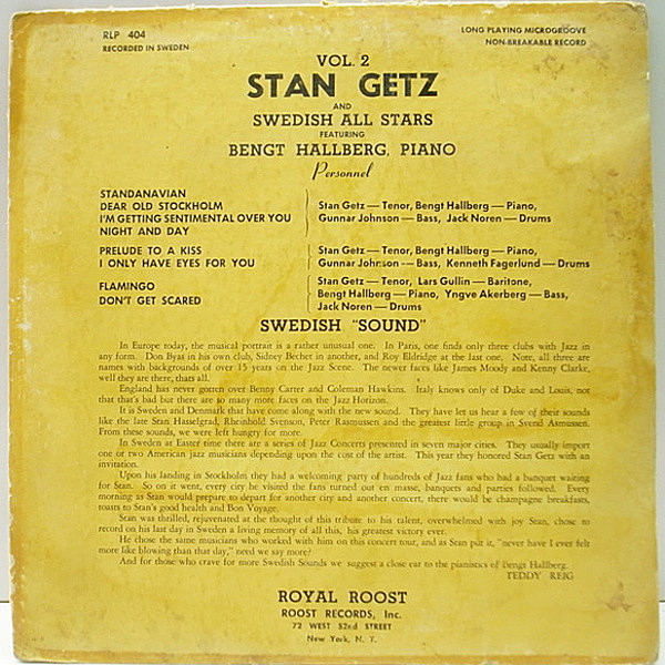 レコードメイン画像：10 FLAT オリジナル STAN GETZ & Swedish All Stars Feat. BENGT HALLBERG Vol.2 (Royal Roost 404) DEAR OLD STOCKHOLM 原盤