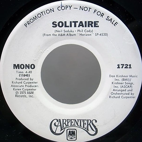 レコードメイン画像：レア プロモ 7オンリー MONO オリジナル CARPENTERS Solitaire ('75 A&M) モノラル 45RPM.