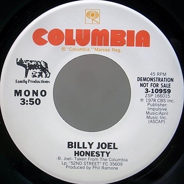 レコードメイン画像：レア!! 7 プロモオンリー MONO仕様 USオリジナル BILLY JOEL Honesty ('78 Columbia) WHITE PROMO モノラル 45RPM.