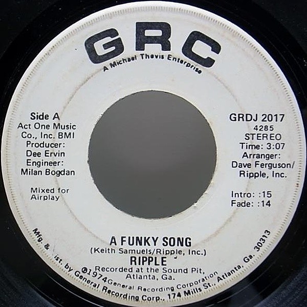 レコードメイン画像：7インチ プロモ USオリジナル RIPPLE A Funky Song ('74 GRC) WHITE PROMO ファンク・クラシック 試聴 45 RPM.