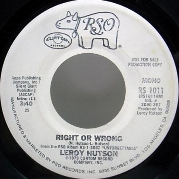 レコードメイン画像：プロモ MONO!! USオリジ LEROY HUTSON Right or Wrong / 7インチ
