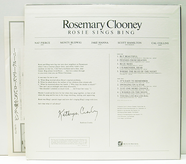 ROSEMARY CLOONEY / Rosie Sings Bing (LP) / Concord Jazz | WAXPEND RECORDS
