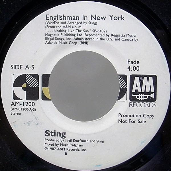レコードメイン画像：レア・プロモ・シングル 7 Orig. STING Englishman In New York 人気曲 WHITE PROMO 45RPM.
