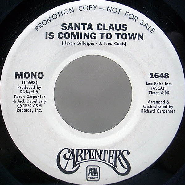レコードメイン画像：美盤 プロモ・オンリー MONO／STEREO 7 オリジナル CARPENTERS Santa Claus Is Coming To Town ('74 A&M) モノラル 45RPM.