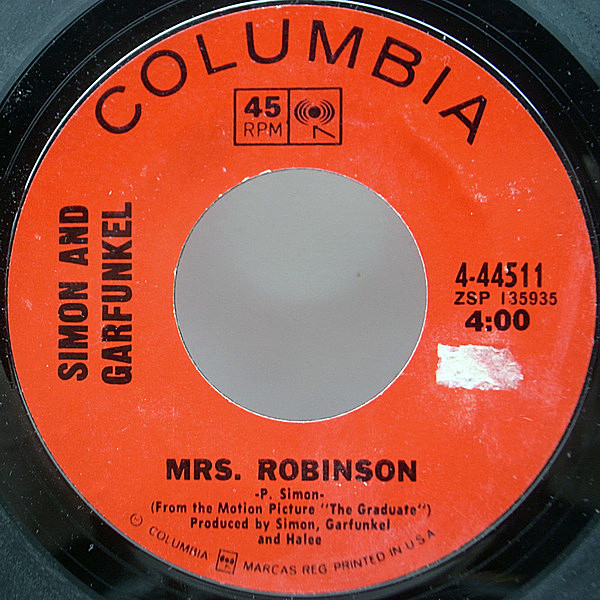 レコードメイン画像：ほぼ美盤!音綺麗! 7'' USオリジナル SIMON and GARFUNKEL Mrs. Robinson - Old Friends / Bookends ('68 Columbia) 45RPM. 米シングル