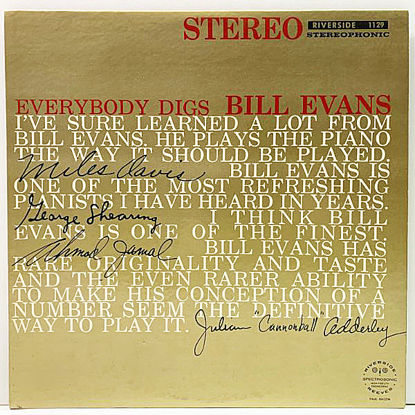 レコードメイン画像：良好!! US 完全オリジナル 1st 黒スモール 深溝 BILL EVANS Everybody Digs ～ ('59 Riverside RLP 1129) w./Sam Jones, Philly Joe Jones