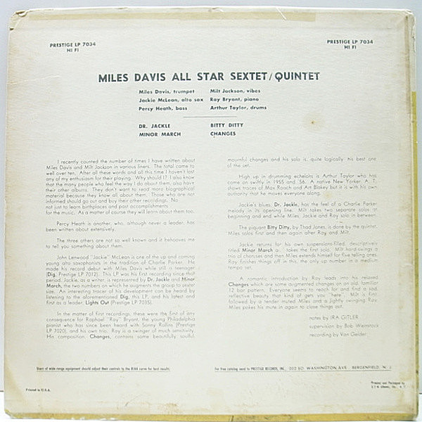 MILES DAVIS & MILT JACKSON / Sextet アナログ Miles Davis And Milt Jackson Quintet/Sextet | Miles Davis
