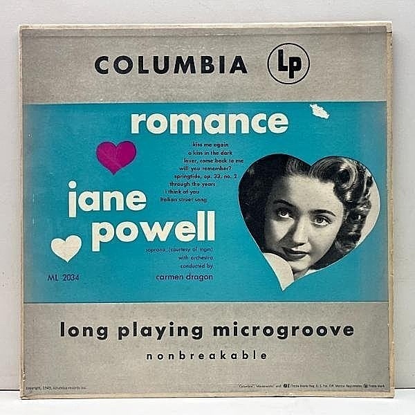 レコードメイン画像：USオリジナル 10インチ FLAT MONO 深溝 JANE POWELL Romance (Columbia ML 2034) 才色兼備 ジェーン・パウエル キャリア最初期のアルバム