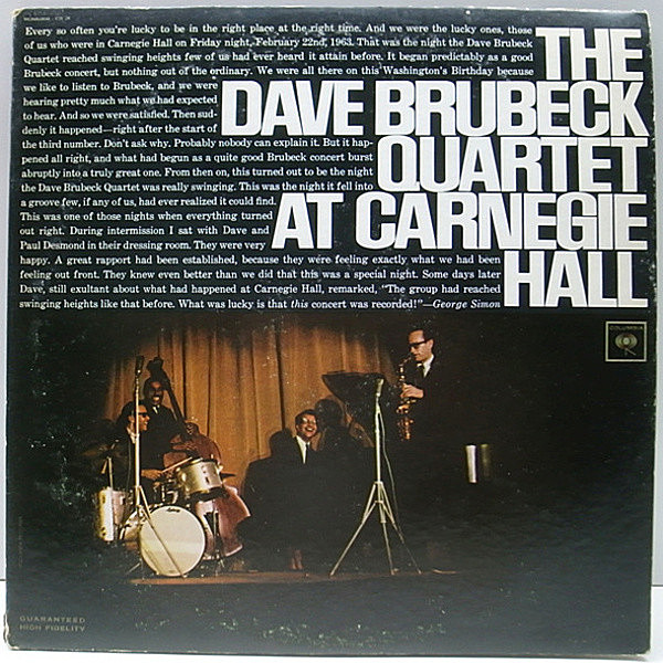 レコードメイン画像：レアな美盤!! MONO 初回GUARANTEED 2eye 完全オリジナル DAVE BRUBECK QUARTET At Carnegie Hall ('63 Columbia) カーネギー・ホール