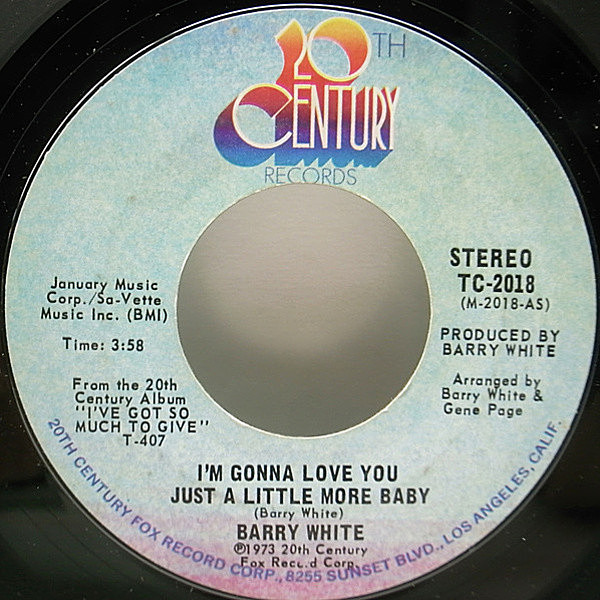 レコードメイン画像：USオリジナル BARRY WHITE I'm Gonna Love You Just A Little More Baby ('73 20th Century) 7インチオンリー インスト・ヴァージョン 収録