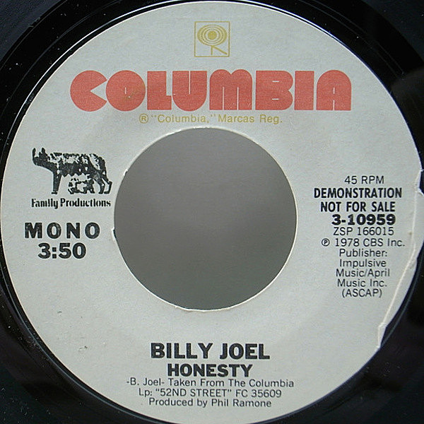 レコードメイン画像：レア・白プロモ 7'' オンリー MONO仕様 USオリジナル BILLY JOEL Honesty ('78 Columbia) White Promo モノラル 45RPM. シングル