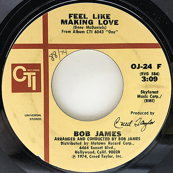 レコードメイン画像：良好！7インチ VANGELDER刻印 USオリジナル BOB JAMES Feel Like Making Love / Soulero ('74 CTI) GENE McDANILES 名曲 カヴァー 45RPM.