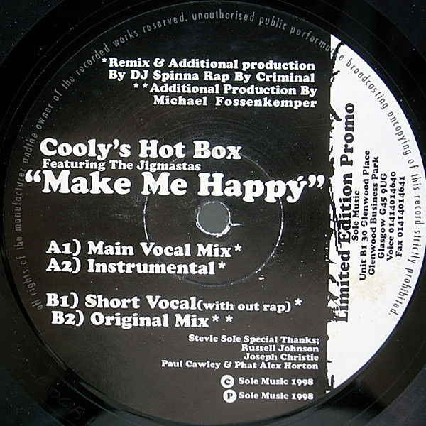 レコードメイン画像：美品 UK プロモ・オンリー (LTD. PROMO ONLY) 12インチ COOLY'S HOT BOX Make Me Happy / DJ SPINNAリミックス Seventh Heavenネタ