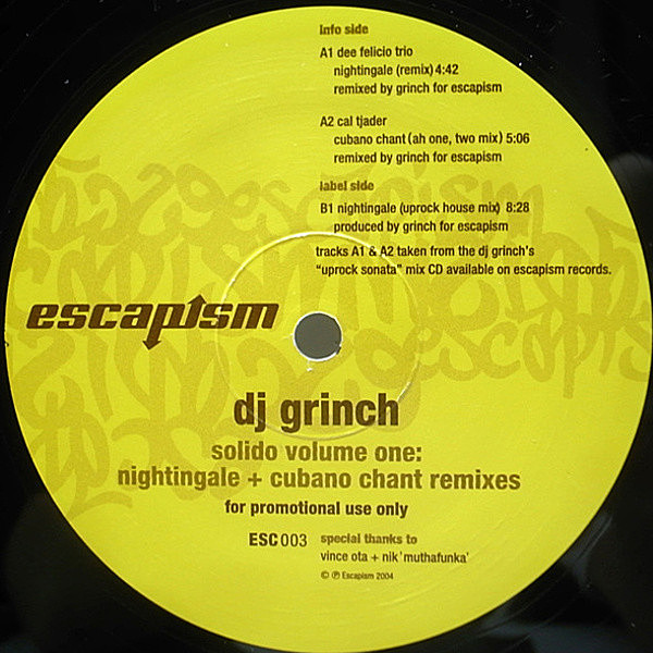 レコードメイン画像：プロモオンリー!! 12インチ DJ GRINCH Solido Volume One ('04 Escapism) CAL TJADER／Cubano Chant, DEE FELICIO TRIO／Nightingale REMIX