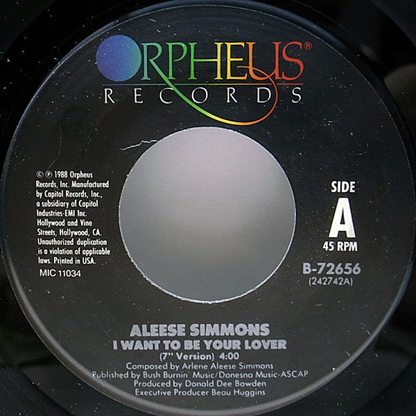 レコードメイン画像：良盤!! 7インチ USオリジナル ALEESE SIMMONS I Want To Be Your Lover ('88 Orpheus) アリーズ・シモンズ Edit／Dub Version 収録 45RPM.