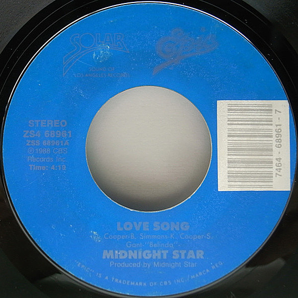 レコードメイン画像：7インチ USオリジナル MIDNIGHT STAR Love Song ('88 Solar) スウィート・ラブ・バラード インストver.収録 ミッドナイト・スター 45RPM.