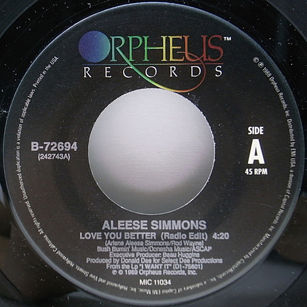 レコードメイン画像：美盤!! 7インチ USオリジナル ALEESE SIMMONS Love You Better / Don't Wanna Lose ('89 Orpheus) アリーズ・シモンズ 45RPM. 試聴