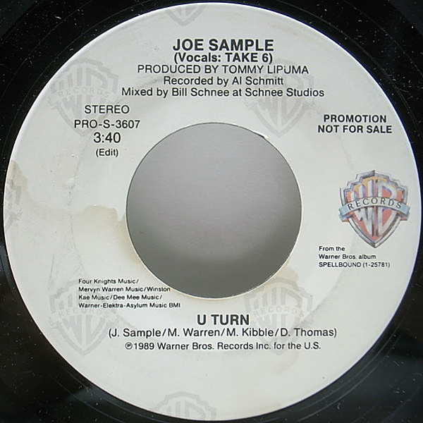 レコードメイン画像：美再生!良盤! プロモ TML刻印 7インチ JOE SAMPLE U Turn ('89 Warner Bros.) TAKE6 参加 ソウルフル・フュージョン PROMO 45RPM.
