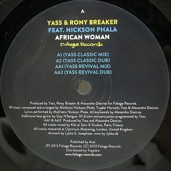 レコードメイン画像：美盤!! GERMANY 12インチ YASS & RONY BREAKER FEAT. NICKSON PHALA African Woman (Foliage) 4ver.収録 トライバル・ハウス 33RPM.
