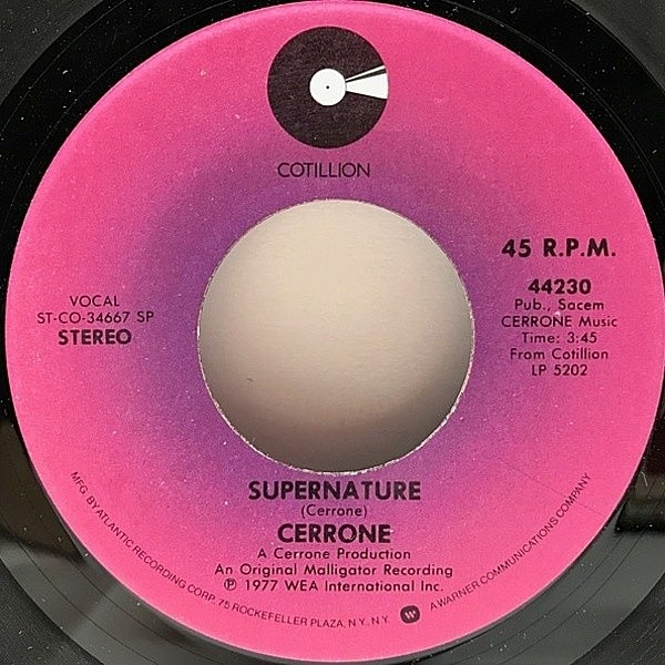 レコードメイン画像：シンセディスコ名曲！7インチ USオリジナル CERRONE Supernature ('77 Cotillion) セローン Sweet Drums／全編ドラムブレイク 収録 45RPM.