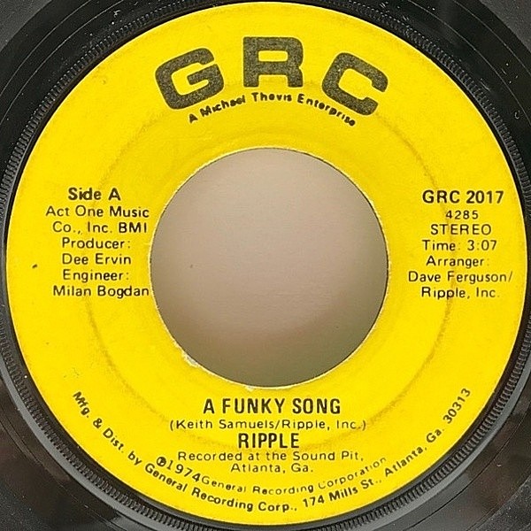 レコードメイン画像：7インチ USオリジナル RIPPLE A Funky Song / See The Light In The Window ('74 GRC) 1st.アルバムからのシングルカット 45RPM. リップル