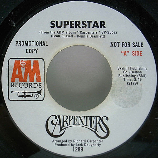 レコードメイン画像：美盤!! 白プロモ USオリジナル CARPENTERS Superstar & 先行 Bless The Beasts And Children ('71 A&M) WHITE PROMO 7インチ 45RPM.