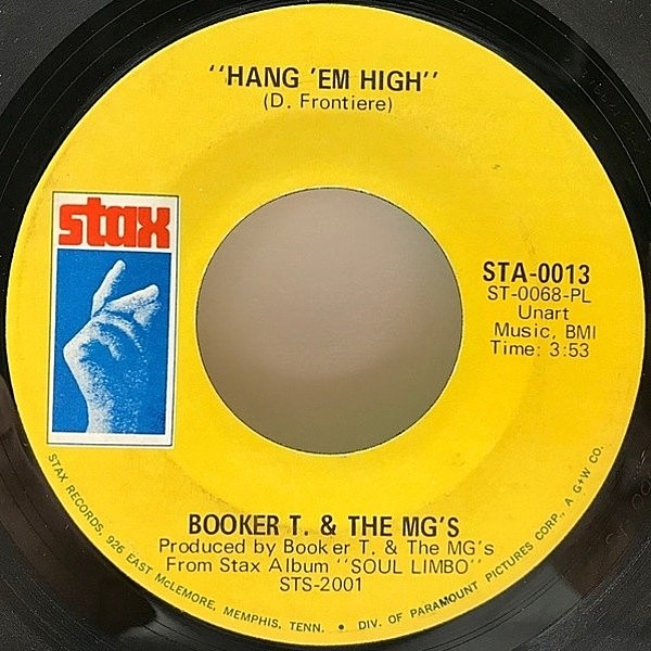 レコードメイン画像：7インチ USオリジナル BOOKER T. & THE M.G.'s Hang 'Em High / Over Easy ('68 Stax) 西部劇映画『奴らを高く吊るせ!』主題歌 45RPM.
