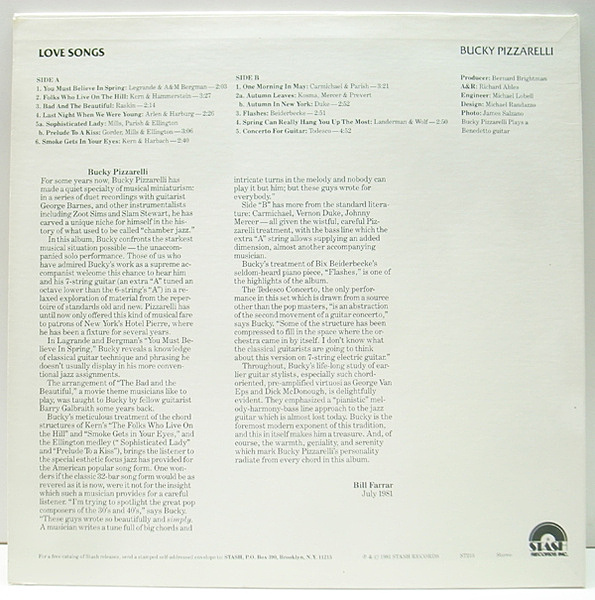 BUCKY PIZZARELLI / Love Songs (LP) / Stash | WAXPEND RECORDS